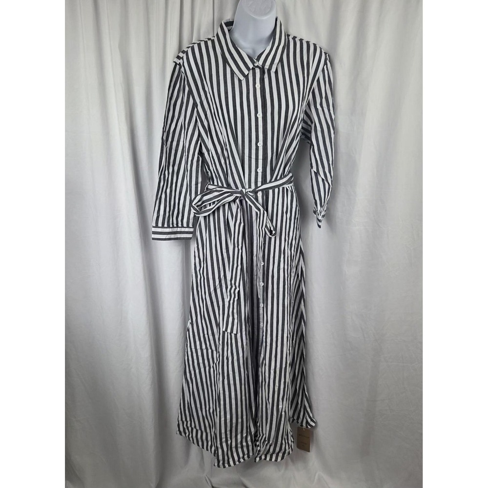 Utcoco Dress Womens XL Black White Striped Shirt Dress Button Front Belted